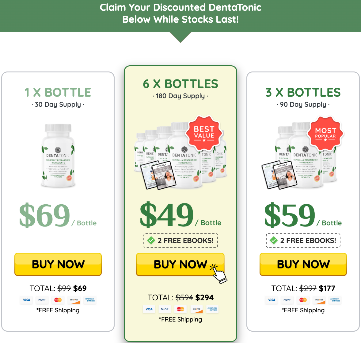 DentaTonic pricing: 1 bottle $69, 3 bottles $59 per bottle, 6 bottles $49 per bottle with free shipping