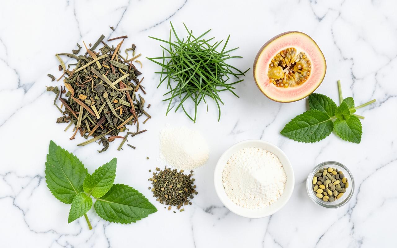 Natural supplement ingredients including herbs, grasses, guava and powders on marble