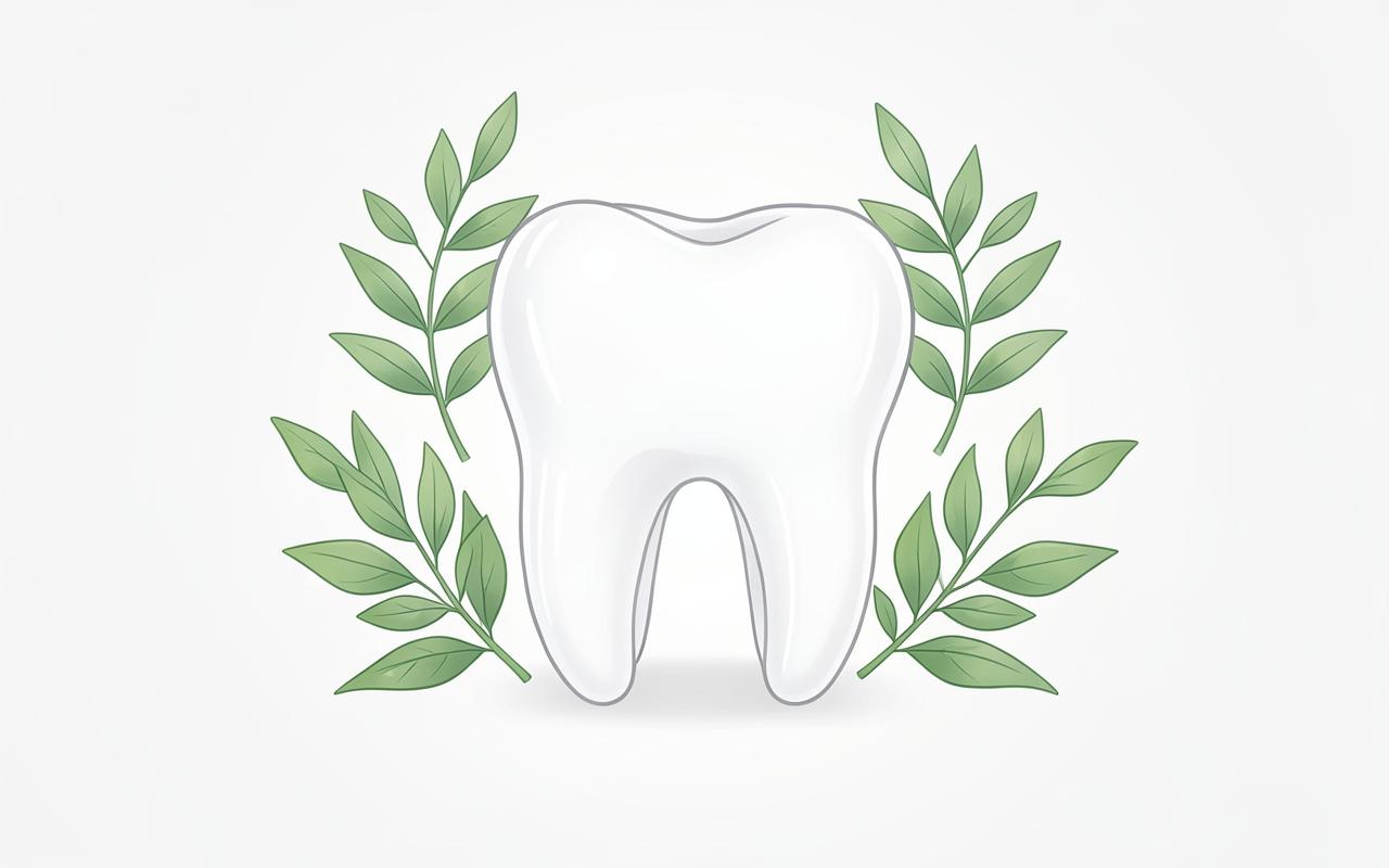 Illustration of a healthy tooth surrounded by green botanical leaves